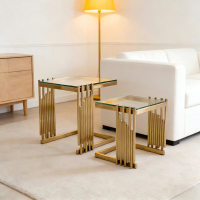 Modern C-Shaped Side Table Set of 2, Tempered Glass Top and Stainless Steel Base