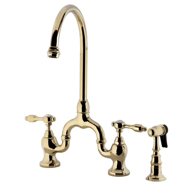 Kingston Brass Tudor Two-Handle 3-Hole Deck Mount Bridge Kitchen Faucet with Brass Side Sprayer, Polished Brass