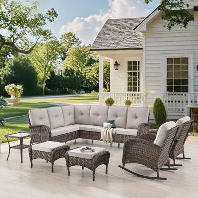 Valierius Outdoor Sectional Sofa Set With Rocking Chairs, Ottomans, PE Wicker, Water-Resistant Cushions