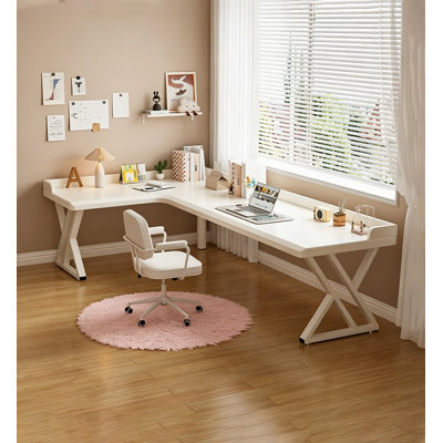 Cream-Colored Solid Wood L-Shaped Corner Desk With Anti-Tipper Guard Plate