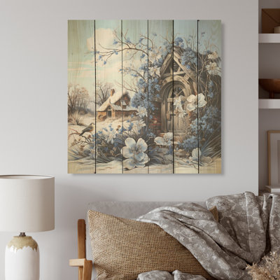 «Cottage Charm In Winter - Landscape Cottage», art mural sur bois de pin naturel