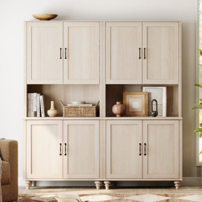 Sideboard Buffet Cabinets, Kitchen Storage Cabinets With Wood Doors, Study Room Bookcase, Bookshelf With Storage Cabinet, Farmhouse Library Bookshelves For Living Room, Office, Beige, 2 PCS