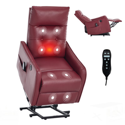 Wine PU Single Motor Power Lift Recliner Chair With Massage And Heat For Elderly, Heavy Duty Motion Mechanism And One USB For Charging, Max Reclining Angle 155°