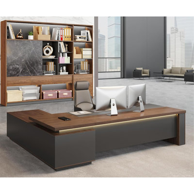 63" Reversible L-Shaped Executive Desk – Modern Large Office Desk with Drawers, Open Shelves, LED Lighting & Built-in Power/USB Ports for Home or Work (63"L × 63"W × 30"H,Red Walnut & Iron Gray)