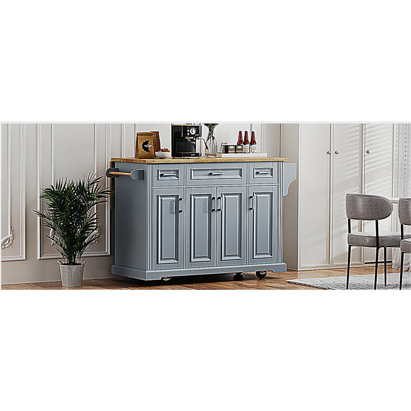 54-inch large kitchen island with rubberwood foldable leaf, embossed texture rolling kitchen cart with 4 wheels, 4 doors, and 3 drawers, kitchen island storage, suitable for kitchen, dining room, black