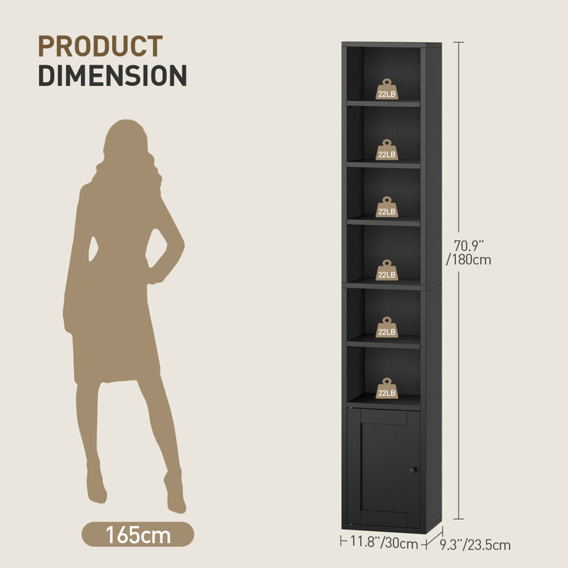 70.9'' Tall Narrow Bookshelf with Storage Cabinet, 7-Tier Skinny Corner Bookcase with Adjustable Shelves, Black