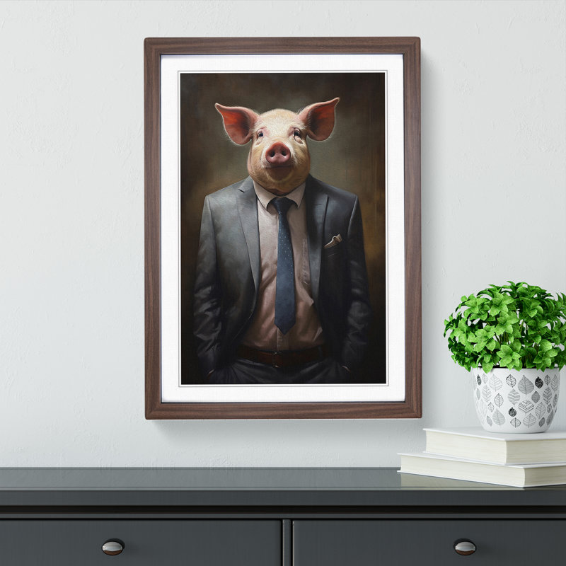Pig In A Suit Painting - Single Picture Frame Print on Wood, 46cm H x 34cm W x 2cm D, Walnut Framed