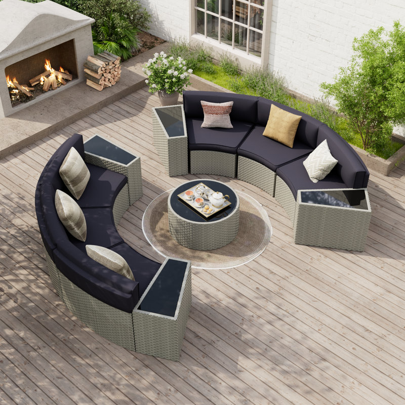 Ensemble de conversation courbé semi-lune 6 personnes avec table de foyer ou table basse Dartmore, Bleu marine, Non