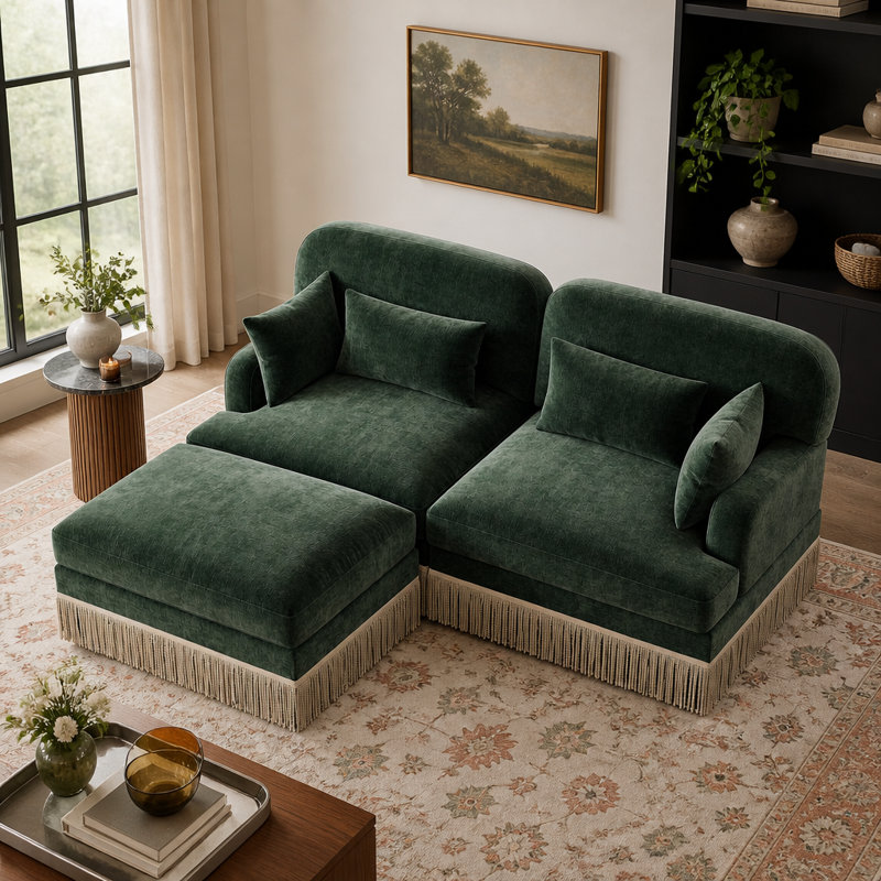 Canapé-lit en chenille vert avec bord pompon et repose-pieds mobile