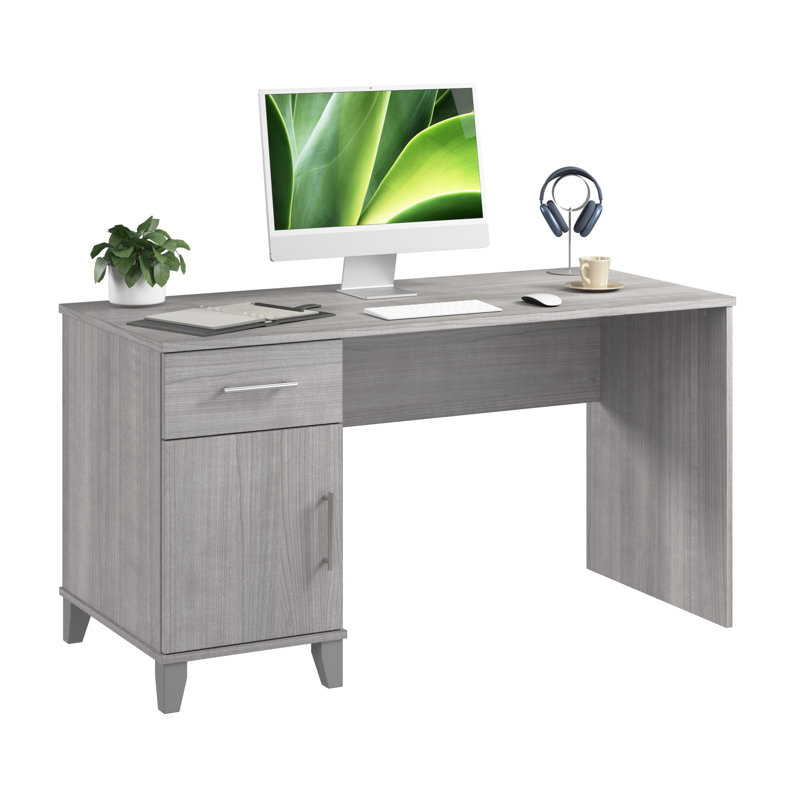 Bureau de bureau 54 "avec tiroir, armoire, bureau d'ordinateur avec rangement Orkurga, bois moderne, gris platine