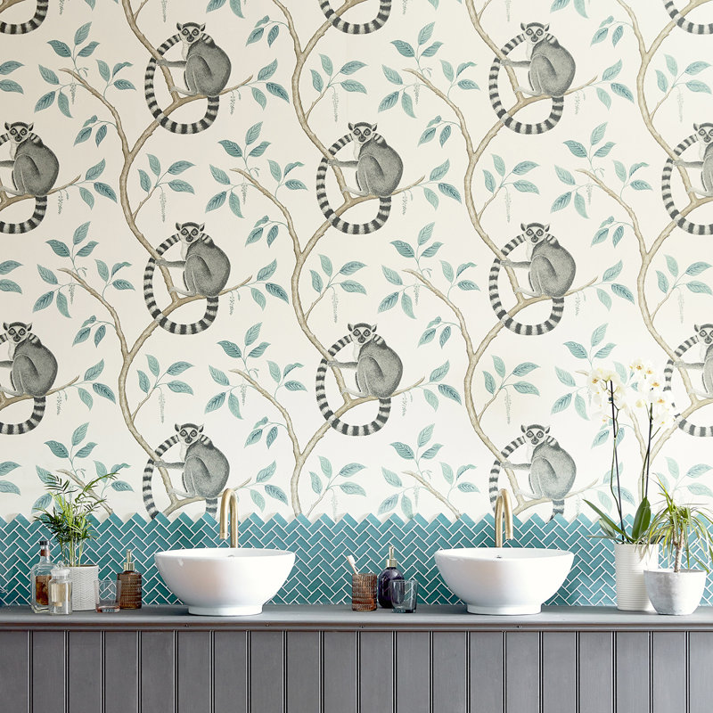 Ringtailed Lemur Wallpaper, Stone/Eucalyptus