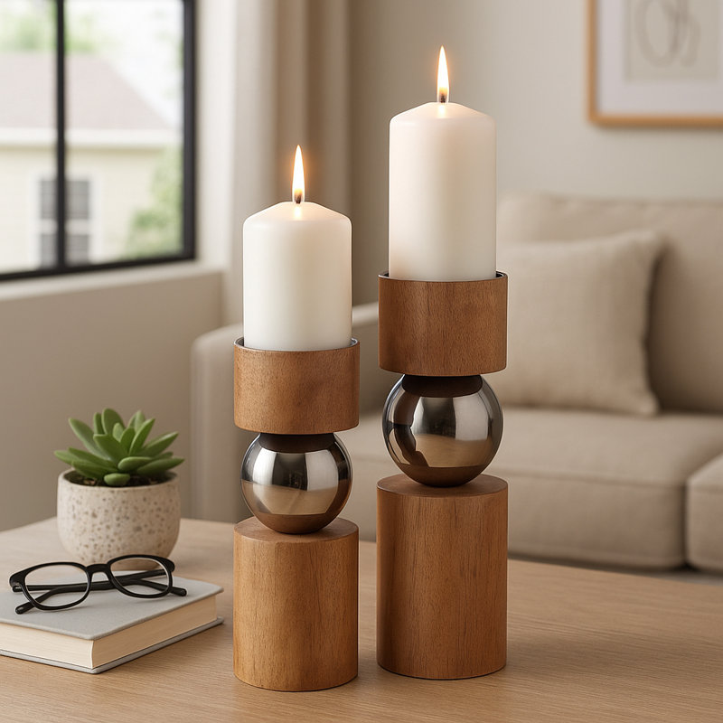 Porte-bougie décoratif en bois avec décorations sphériques en métal