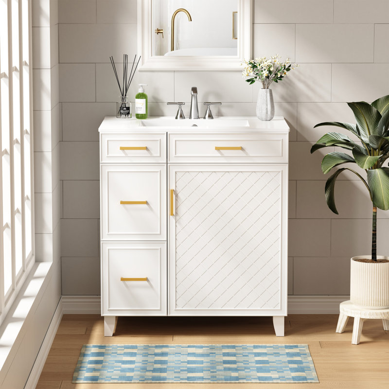 30'' Single Solid Wood Construction Bathroom Vanity With Sink, 2 Power Outlets, 1 Usb Port, And 1 Tybe C Port, White