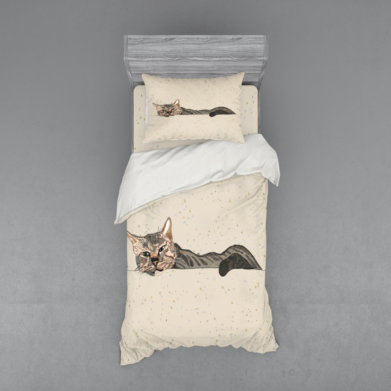 Twin Grey Beige Cat Print Duvet Cover Set