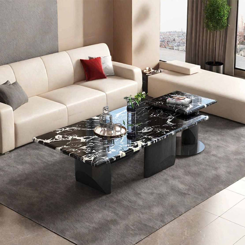 Table basse rectangulaire en marbre clair, Noir / blanc, H 15,4 po x L 55,1 po x l 31,5 po