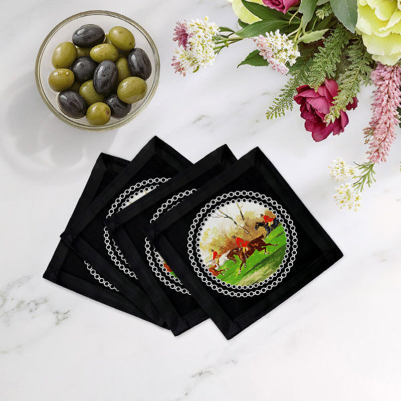 English Hunting Cotton Sateen Cocktail Napkins, Black
