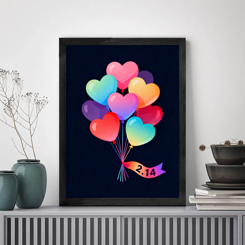 Reproduction d'art encadré noir rétro en forme de cœur, H 17 po x l 13 po