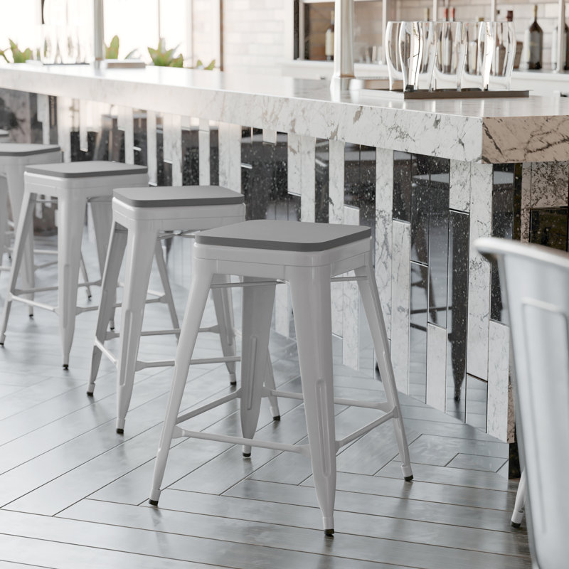 Bushea All-Weather Backless Commercial Bar Stool with Poly Resin Seat, Counter Stool (24" Seat Height), Silver/Gray
