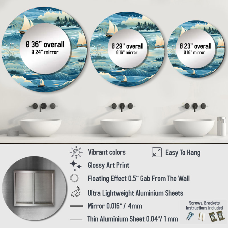 Paysage de bord de mer Rutilio Tranquility Seaside - grand miroir mural côtier, 23 po x 23 po