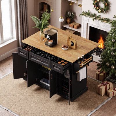 Rubber Wood Kitchen Island Cart With Drop Leaf Embossed Texture 4 Doors & 3 Drawers