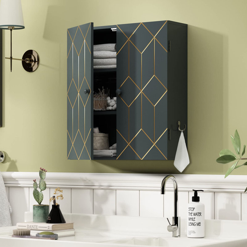 Armoire de rangement murale avec tablettes réglables et crochets latéraux, Gris sans cadre