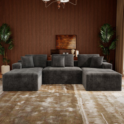 132" U-shaped Sectional Couch, Compression Sofa, Grey Corduroy