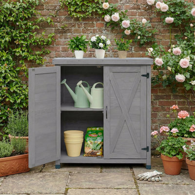 Potting Bench With Storage Cabinet And Metal Table Top For Outdoor Patio,Outdoor Work Station Table