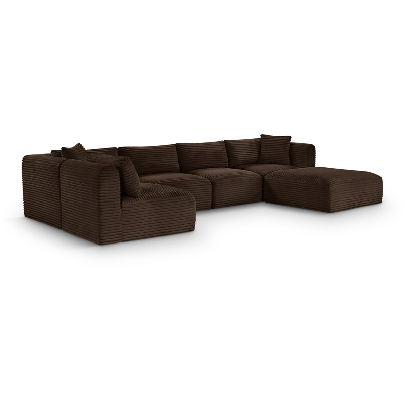 Canapé modulaire Carmean, Velours côtelé texturé brun, 3 sans accoudoirs, 2 en coin, 1 repose-pieds