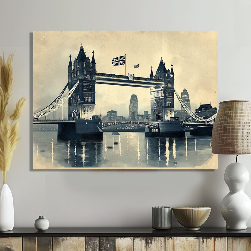 Art mural rétro, lumières de pont de la tour à Londres, Royaume-Uni II, H 24 po x l 32 po, Toile tendue, Ne s’applique pas
