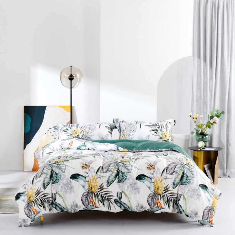 Lunaria 100% Long Staple Cotton King Duvet Cover 3 Pieces Set Summer Tropical Plantain and Floral Pattern Comforter Cover Set