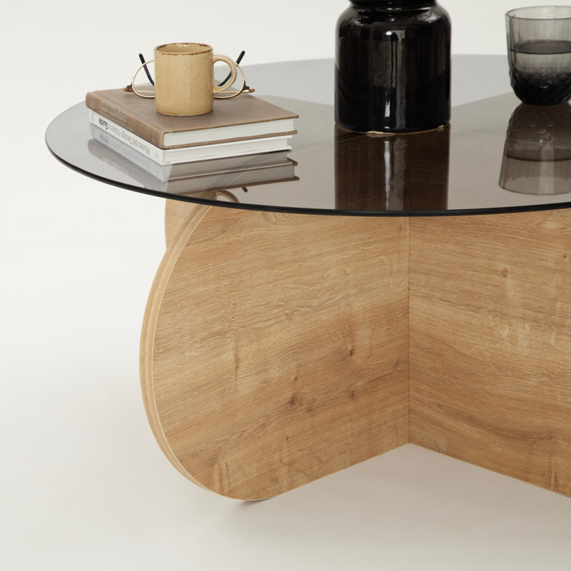 Modern Coffee Table with 100% Tempered Glass Top, 29.5 x 13.8 x 29.5 inches | Stylish Oak & Fume Color | Sturdy 100% Melamine Coated Particle Board Frame, Perfect for Scandinavian-Inspired Living Rooms & Contemporary Spaces