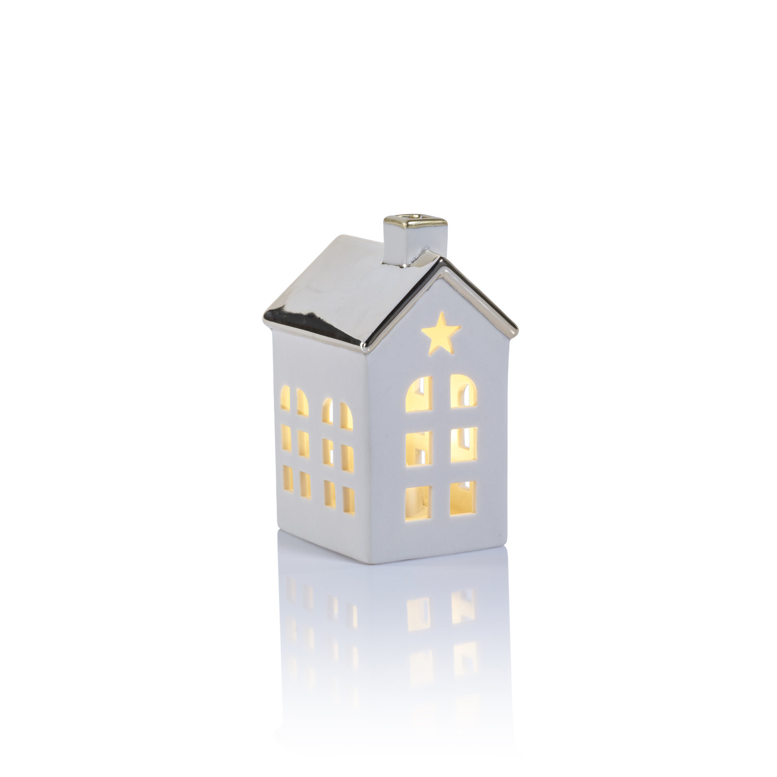 Lilou 2-Piece Set Porcelain LED House with Roof, 4.25" H x 3" W x 2.5" D, Gold/White