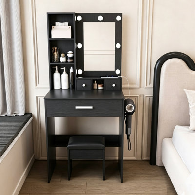 Coiffeuse Uwant avec lumières DEL réglables et miroir, petit bureau de maquillage avec prise de courant et support pour sèche-cheveux, coiffeuse compacte avec tabouret pour la chambre à coucher