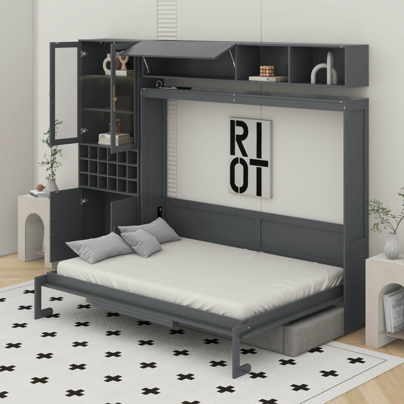 Lit escamotable mural Murphy avec canapé, tablettes, USB et lumière, Gris, Lit double