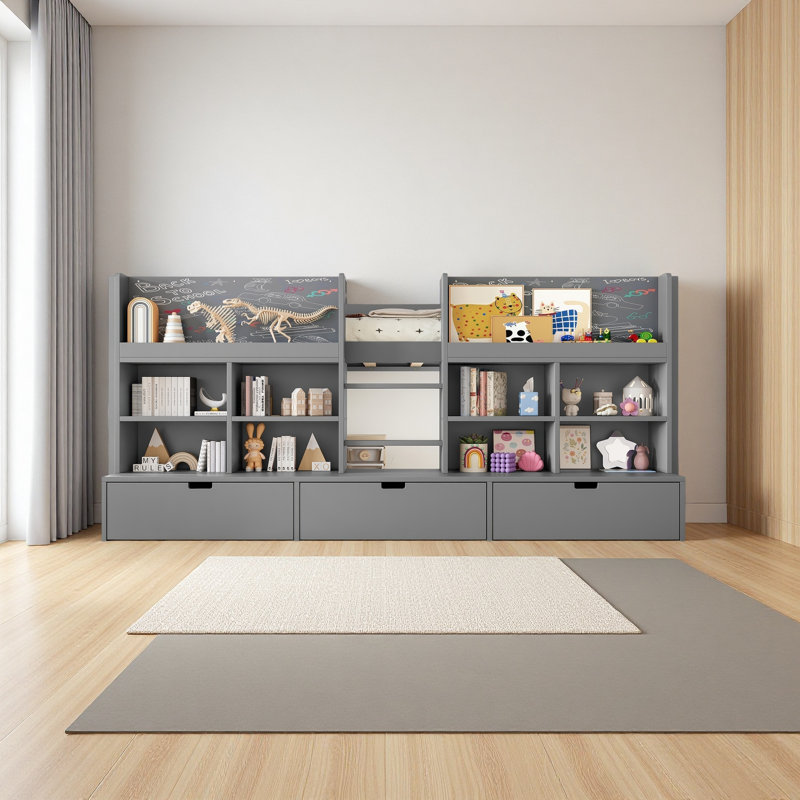 Lit mezzanine avec tablettes et rangements multiples, Très grand simple, Gris