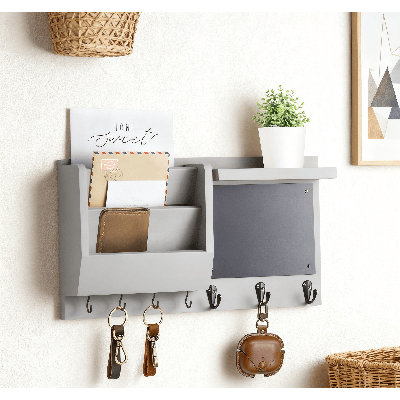 Wall Mount Key Holder With Mail Organizer And Shelf, Solid Wood Entryway Organizer With 7 Hooks, Chalkboard And Display Shelf For Keys, Mail And Decor