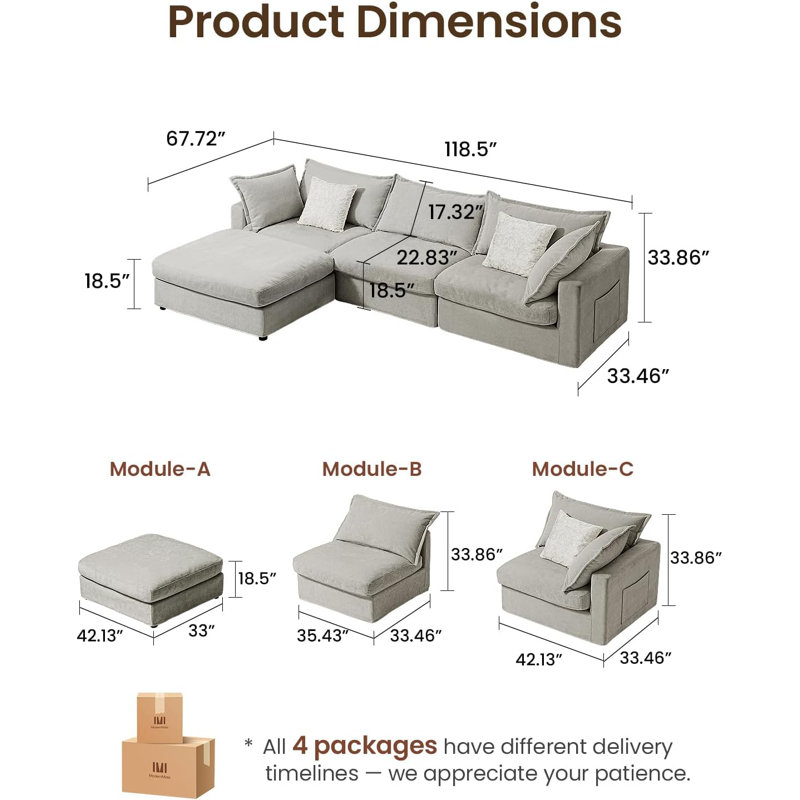 118.5" Down Filled  Modular Sectional Sofa With Storage Ottoman For Living Room, Light Grey, Gray