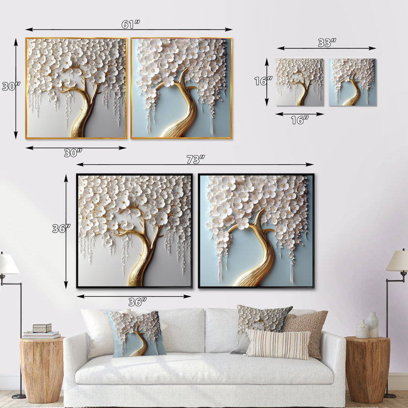 Orchidée blanche Garden Of Branches - Ensemble de 2 collages carrés à motif floral, Cadre flottant noir, H 16 po x l 33 po