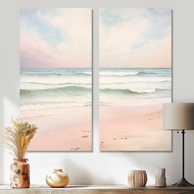 «Ocean Tranquility Tender Pink Pastel Sunrise I», reproduction d'art sur toile rose, 20" H x 24" W, Wrapped Canvas