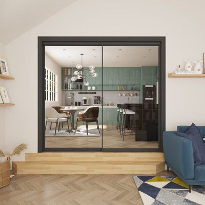 Porte de placard coulissante en verre trempé transparent avec cadre en aluminium noir H 80 po x l 72 po avec quincaillerie  