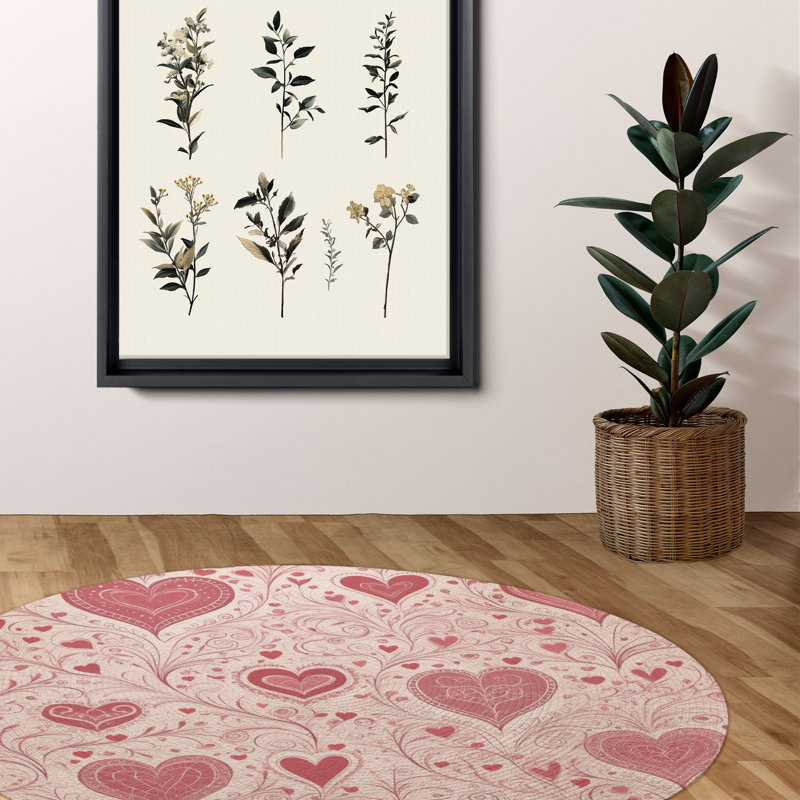 Tapis tressé à motif de cœurs roses, Rond 5 pi