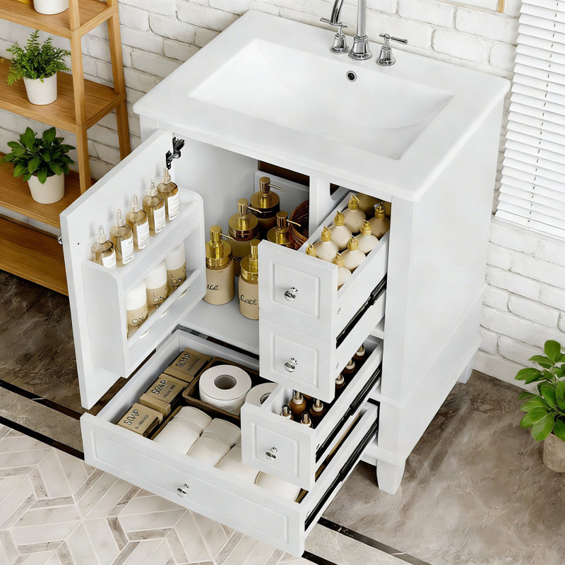 Meuble-lavabo de salle de bain avec lavabo, tiroirs et tablettes de rangement, Blanc