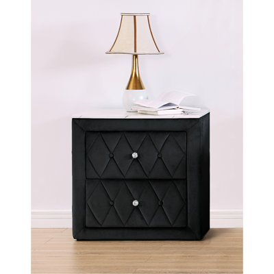 1Pc Faux Marble Top Nightstand 2- Drawers Storage Gray Finish Button Tufted Faux Crystal Tufted