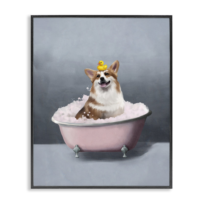  Corgi in Bath, art de la giclée encadrée par Svetlana Aleynikova, H 14 po x l 11 po, Giclée encadrée noir minuit
