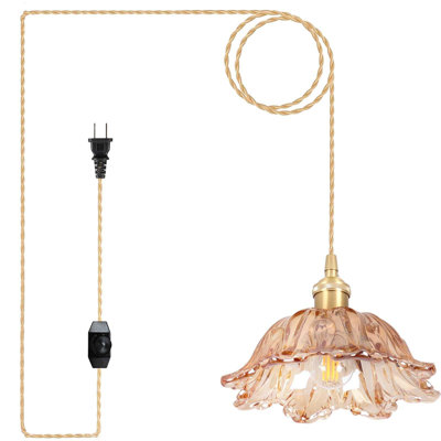 Plug in Pendant Light Fixtures,Hanging Light Fixture Amber Glass Pendant Light 10.6in E26 Pendant Lighting for Kitchen Island, Bedroom, Dining Room, Living Room
