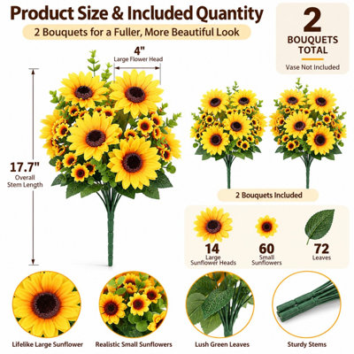 Ensemble de 2 bouquets de tournesols artificiels à tiges flexibles pour la décoration d'automne