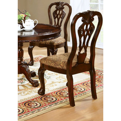 Classic Dining Chairs ( Of 2), Solid Wood, Brown, Print Fabric Seat Cushion, Intricate Back Design With & Claw 2 Traditional Side Chairs, Wood Construction, And Feet