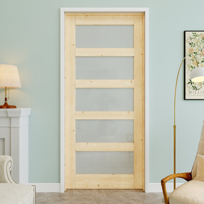 Porte intérieure pré-suspendue en bois de pin et verre givré 36 po x 80 po 5-Lite avec charnières noires, dalle de porte d'intimité en verre, à peindre et imperméable, combinaison pour la lessive, portes de placard, portes de chambre, main gauche