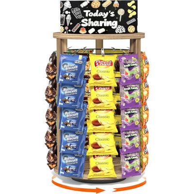 360° Rotating Snack Organizer With 50 Clips, Wooden Chip Rack Display Stand, Candy Display With Message Board For Countertop, Home, Office, Party, Rustic Brown