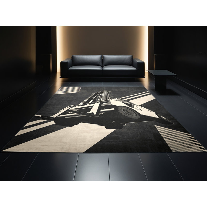 Machine Washable Kendari Forklift Vehicle Modern Geometric Rug in Gray – Black Binding, 7x10